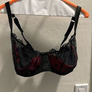 Figleaves 32G Black Mesh Lace Bra with Red Inserts